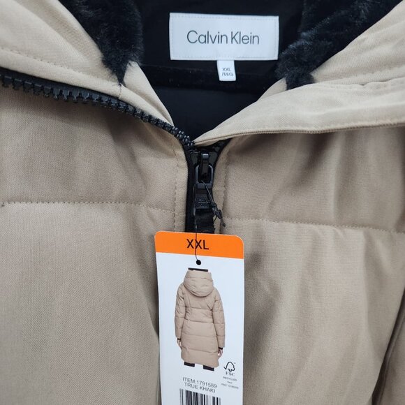 NWT Calvin Klein Women’s Faux Fur Lined Hood Oxford Puffer Jacket Tan Large - Picture 8 of 13